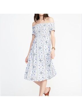 Old Navy Off-Shoulder White Dress with Blue Floral Pattern